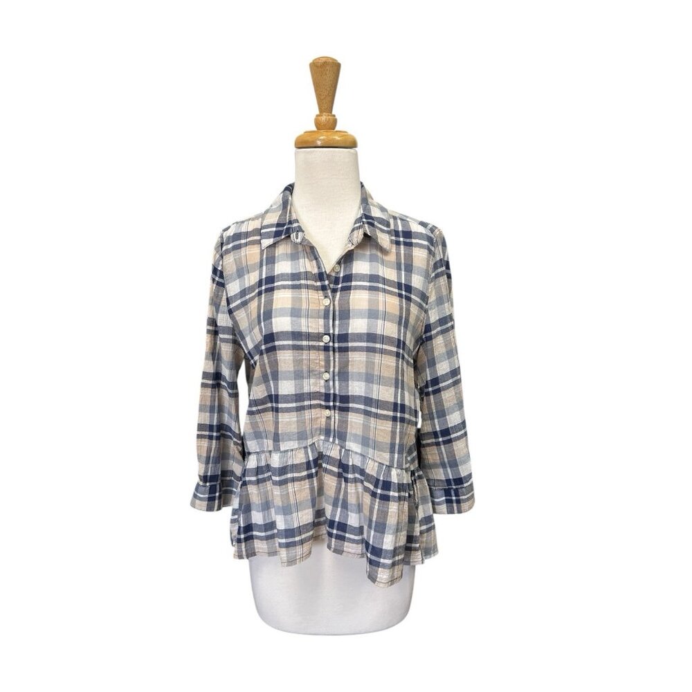 Trovata Birds of Paradise Plaid Collared Blouse Size S Small Blue Top